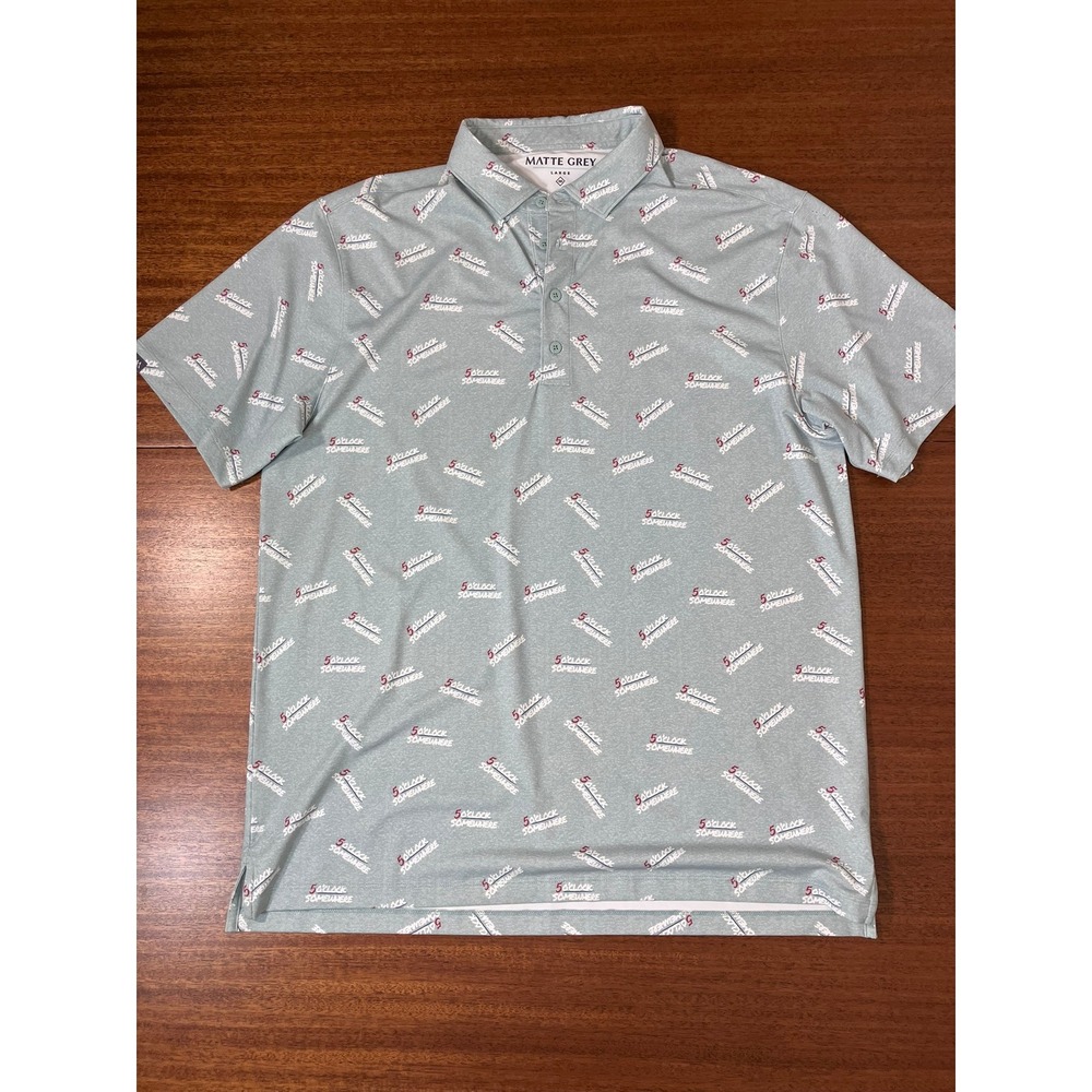 Matte Grey Polo Mens Large 5 O'Clock Somewhere Golf Performance Shirt Blue AOP